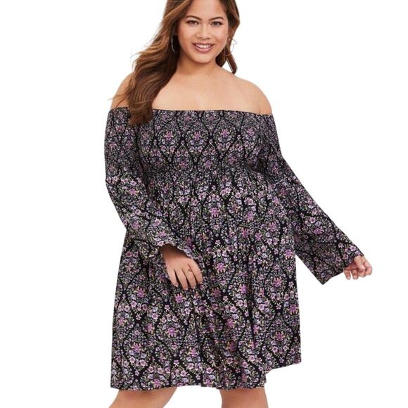 Torrid 0X Purple Pink Floral Off Shoulder Romantic Boho Bell Sleeve Dress - Picture 2 of 16